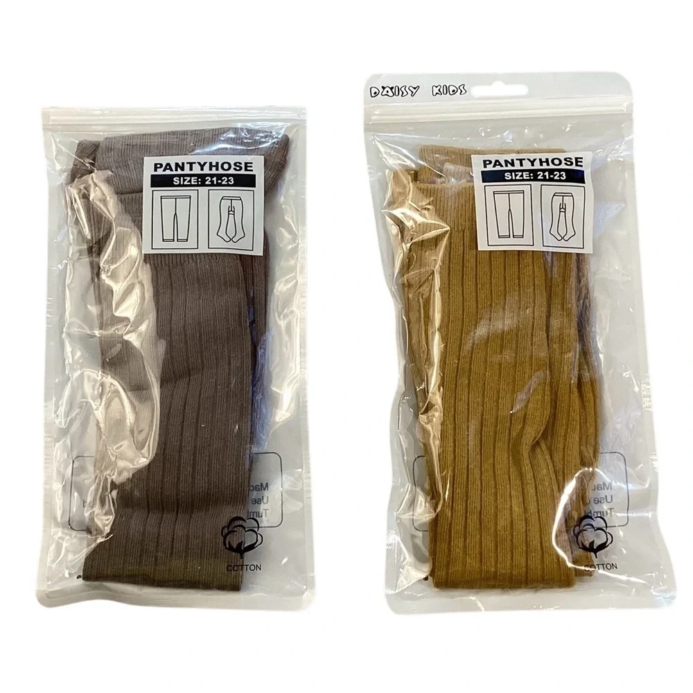 2‎ Pair Toddler Girl Warm Cotton Ribbed Footless Tights, Taupe Brown & Amber